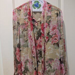 𝅺Anthropologie Ranna Gill Womens Top Medium Floral Bow Tie Sequined Blouse